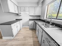 Well-lit kitchen featuring neutral cabinets, countertops, and updated stainless steel faucet and sink at 4814 Spring Lake Dr # B, Charlotte, NC 28212