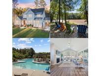 A collage shows the exterior, backyard seating, the community pool, and the living room at 6398 Chimney Bluff Rd, Lancaster, SC 29720