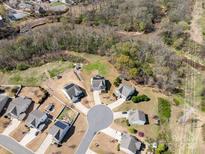 An aerial view of a neighborhood showcasing various single-Gathering homes near a lush, wooded area and winding stream at 8137 Bryson Rd, Fort Mill, SC 29707