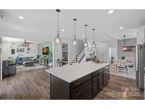 Spacious kitchen with a large island, modern lighting, and an open floor plan at 650 Scotch Meadows Loop, Monroe, NC 28110