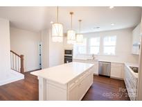 Modern kitchen with white cabinetry, stainless steel appliances, and large center island featuring pendant lighting at 8010 Elevate Ct, Charlotte, NC 28205