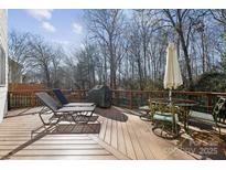 Spacious wooden deck features lounge chairs, an outdoor dining set, and wooded views at 1102 High Brook Dr, Waxhaw, NC 28173