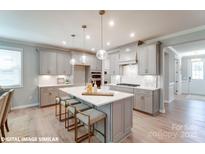 Bright kitchen featuring a large island, pendant lighting and sleek appliances at 9842 Quercus Ln, Huntersville, NC 28078