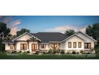 Charming exterior elevation with stone accents, vertical siding, dark metal roof, and mature landscaping at 5039 Eliza Long Wilkie Dr, Huntersville, NC 28078
