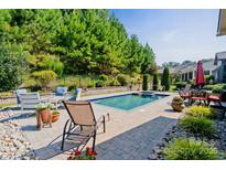 Relaxing backyard pool area with stone patio, green landscaping, and plenty of space for outdoor entertaining at 650 Tallulah Falls Dr, Denver, NC 28037
