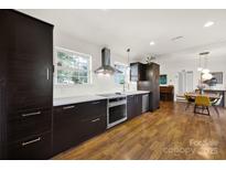 Modern kitchen featuring sleek, dark cabinetry, stainless steel appliances, and stylish pendant lighting at 2314 Wolfe St, Charlotte, NC 28205