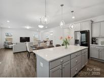 Modern open-concept kitchen with a large island, stainless steel refrigerator, and grey cabinets at 124 Benford Dr, Troutman, NC 28166