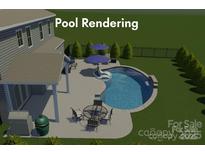 Rendering of a backyard pool with seating, umbrellas, a table and chairs, with the house visible at 704 Fresia Dr, Tega Cay, SC 29708