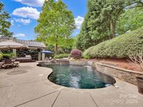Lush backyard oasis featuring a stunning pool, waterfalls, and an outdoor living area for relaxation and entertainment at 2553 Fallbrook Nw Pl, Concord, NC 28027