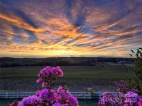 Breathtaking sunset view over the open fields with pink flowers in the foreground and a white picket fence at 44392 Dennis Rd, Albemarle, NC 28001