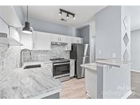 Modern kitchen featuring white cabinets, stainless steel appliances, and marble countertops at 2059 Lennox Square Rd, Charlotte, NC 28210