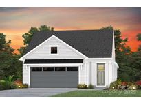 New construction single-story home with gray garage door, white siding, and professionally landscaped yard at 1619 Shoals Ave # 156, Belmont, NC 28012