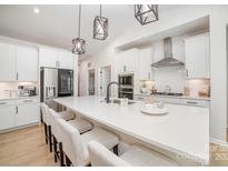 Bright modern kitchen features a large island with seating, stainless steel appliances, and stylish pendant lighting at 8011 Green Heron Ct, Belmont, NC 28012