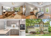 Inviting living room with hardwood floors and a leather sofa, leading to the kitchen at 110 River Wood Dr, Fort Mill, SC 29715