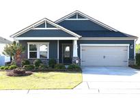 Charming one story home with blue siding, stone accents, manicured lawn, and attached two car garage at 4171 Canopy Creek Dr, Denver, NC 28037