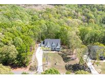 Stunning aerial view of a home with a long driveway surrounded by lush green trees at 131 High Lake Dr, Statesville, NC 28677