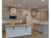 A modern kitchen features gray cabinets, stainless steel appliances, and granite countertops at 2009 Vinyasa Ln # Sts-44, Charlotte, NC 28215