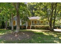 Charming single-story home with a cozy front porch surrounded by lush greenery and mature trees at 16320 Peach Grove Ln, Charlotte, NC 28277