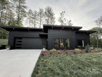 Modern home featuring a sleek, black exterior with a flat roof and professionally landscaped yard at 444 Starnes Circle Dr, Taylorsville, NC 28681