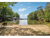 Sandy beach leading to a calm lake with boat docks, framed by lush green trees on a sunny day at 16427 Cozy Cove Rd, Charlotte, NC 28278
