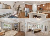 Beautiful home interior featuring a staircase, kitchen, living room with fireplace, and a cozy bedroom at 5422 Shannon Bell Ln, Charlotte, NC 28277