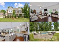 Collage showcasing the home's exterior, living room, kitchen, and backyard pool at 5384 Gatsby Cir, Rock Hill, SC 29732