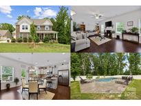 Real estate collage: Home exterior, living room, kitchen, and private pool with lounge chairs at 5384 Gatsby Cir, Rock Hill, SC 29732
