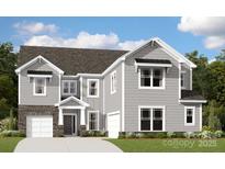 Charming two-story home featuring a combination of stone and siding, complemented by manicured landscaping and attached garages at 12128 Avast Dr, Huntersville, NC 28078
