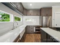 Modern kitchen featuring a large farmhouse sink, stainless steel appliances, and plenty of cabinet space at 945 Westbrook Dr # A, Charlotte, NC 28202