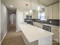 Modern kitchen featuring white cabinets, stainless steel appliances, a large island, and pendant lighting at 1004 Johnson St, Charlotte, NC 28206
