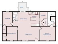 Detailed floor plan of the house shows bedrooms, bathrooms, kitchen, living room, and deck layout at 1380 St. Johns Church Rd, Concord, NC 28025