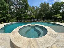 Beautiful pool and hot tub surrounded by lush greenery, perfect for relaxation and outdoor enjoyment at 408 Emerald Bay Dr, Salisbury, NC 28146