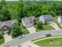 An aerial view showing the neighborhood homes backed by a lush, mature forest backdrop and inviting curb appeal at 7650 W Berkeley Rd, Denver, NC 28037
