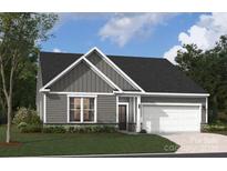 Charming single-story home with gray siding, stone accents, and a well-manicured lawn and attached two car garage at 5111 Raging Creek Dr, Indian Trail, NC 28079
