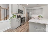 Modern kitchen with gray cabinets, stainless steel appliances, granite countertops, and a stylish faucet at 724 Little Bluestem Dr, Lake Wylie, SC 29710