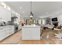 Open-concept kitchen with white cabinetry, large island, stainless appliances, and hardwood floors flowing into living area at 1160 S Kings Dr, Charlotte, NC 28207
