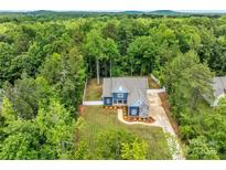 Stunning aerial view of a blue two-story home nestled in a lush green forest at 1622 Hunters Place Rd, York, SC 29745