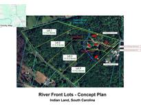 Aerial view of river front lots in Indian Land, South Carolina, showcasing acreage and proposed home locations at 528 Waring Ct, Fort Mill, SC 29707