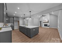 Modern kitchen and living room featuring grey cabinets, stainless appliances and quartz countertops at 209 Stafford Estates Dr, Salisbury, NC 28146