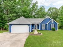 Charming blue single-story home featuring a two-car garage and a well-manicured lawn at 10736 Spruce Mountain Rd, Charlotte, NC 28214