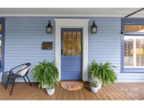 Charming blue front door with glass panes and potted ferns on a wooden porch at 413 E Worthington Ave, Charlotte, NC 28203