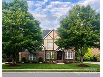 Charming two-story Tudor home with brick facade, gable roof, manicured lawn, and mature trees at 7620 Caspian Dr, Waxhaw, NC 28173