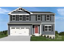 Charming two-story home with gray siding, black shutters, a two-car garage, and a welcoming red front door at 10108 Florentine Way, Charlotte, NC 28214
