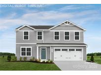 Charming two-story home featuring gray siding, white trim, a blue front door and an attached two-car garage at 12105 Beaux Art Ln, Charlotte, NC 28214