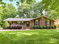 Charming brick home with manicured lawn and lush landscaping, offering great curb appeal at 13617 Lake Bluff Dr, Matthews, NC 28105
