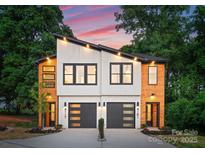 Modern duplex featuring a combination of white, wood, and black accents and a well-manicured front yard at 4117 Sarah Dr, Charlotte, NC 28217