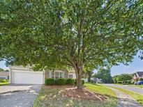 Charming single-Gathering home featuring a stone facade and a well-manicured front lawn with mature trees at 9030 Gander Dr, Charlotte, NC 28277