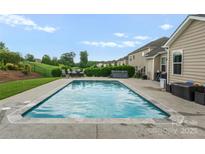 A backyard pool with a seating area and greenery creates a beautiful space for relaxing and entertaining at 163 Sassafras Rd, Mooresville, NC 28115