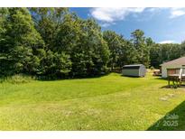 A lush green backyard with storage shed backed by mature trees at 1675 Old Lynwood Cir, Lancaster, SC 29720