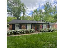 Charming brick home with black shutters and lush green lawn and beautiful white azalea bushes at 7026 Tabor Ln, Charlotte, NC 28211